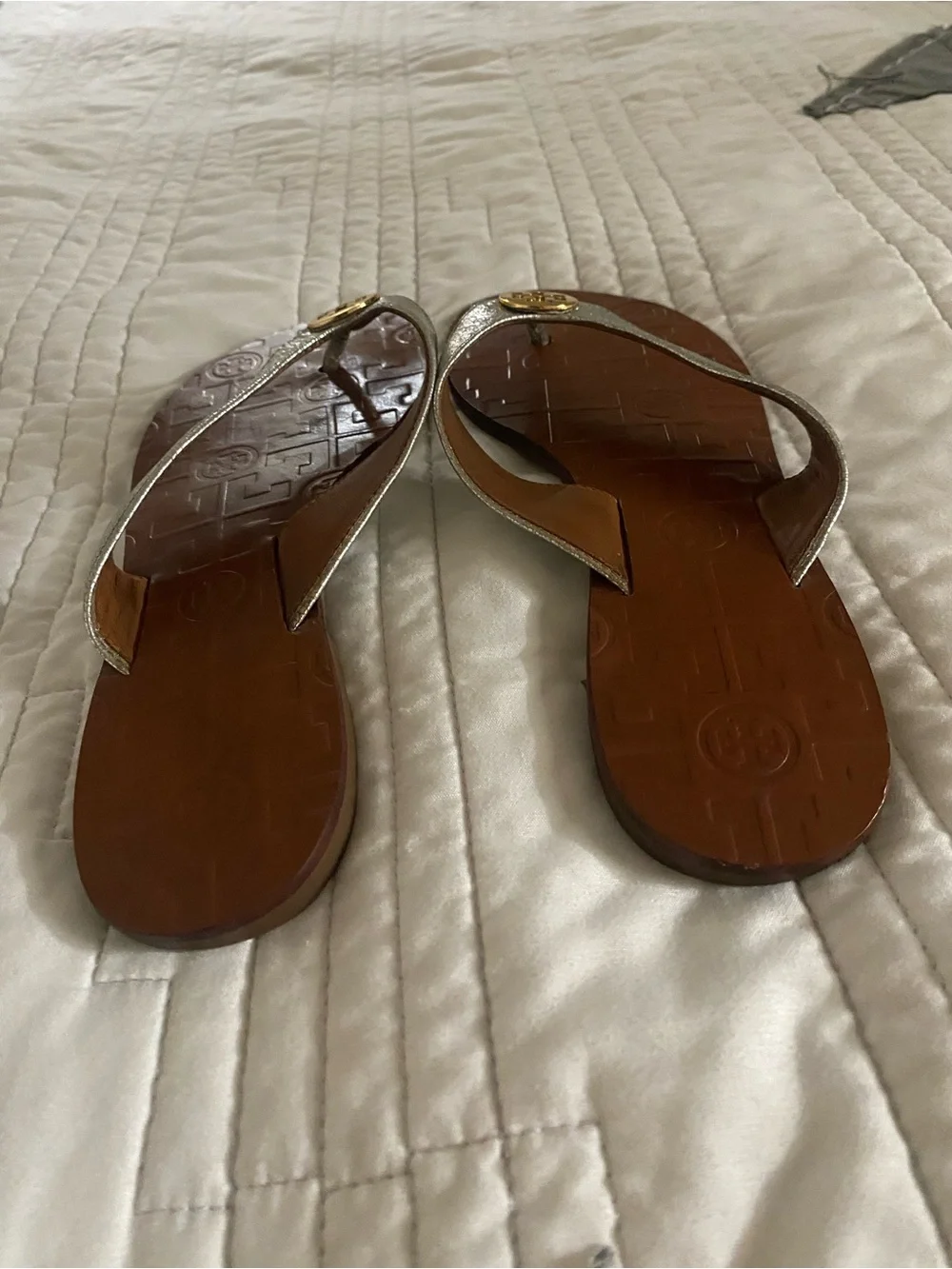 Tory Burch Silver and Brown Logo Thong Sandals